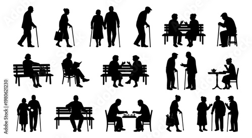 Elderly people silhouettes set, senior citizens walking and sitting on park benches, 15 vector elements of retired men and women in various activities
