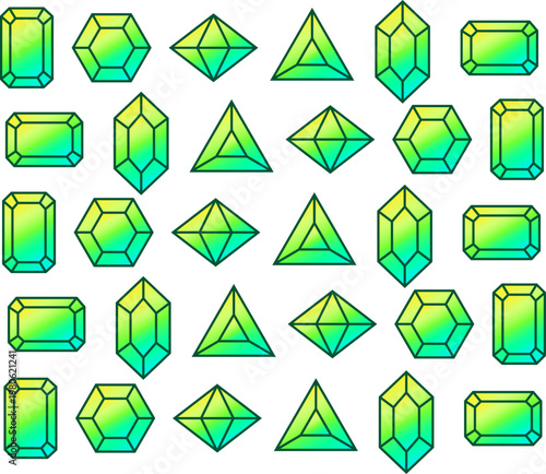A cheerful vector collection displaying assorted gemstone shapes filled with sunny gradients shifting through bright yellow and fresh lime green. Isolated on a clean background, these delightful 