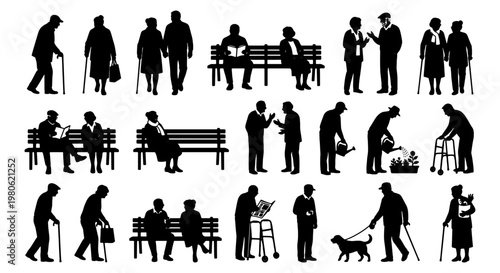 Elderly people silhouettes set, senior citizens walking and sitting on park benches, retired men and women vector collection for healthcare concepts