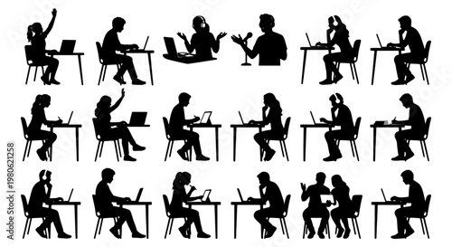 Student silhouettes with laptops, collection of 17 people studying at desks, black vector icons of office workers and freelancers