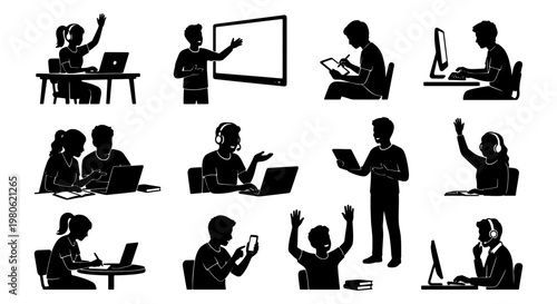 Student silhouette icons set, diverse pupils learning with technology and computers, classroom education vector collection, school children studying
