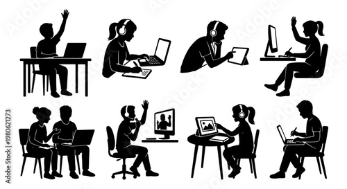 Online education silhouette set, students learning with laptops and computers, remote classroom digital study icons, 8 vector character elements