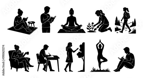 Self care and wellness activities silhouette set, people practicing mindfulness and hobbies, 10 vector icons of healthy lifestyle habits
