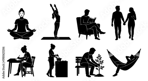 Black silhouette people hobby icons, set of 8 lifestyle vector elements, daily routine activities and wellness characters for infographic design