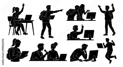 Black silhouette student characters set, university students with laptops and backpacks vector, diverse college people studying and working icons