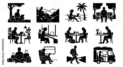 Digital nomad silhouette icon set, remote work lifestyle illustrations, 12 black vector graphics of people working on laptops in diverse locations