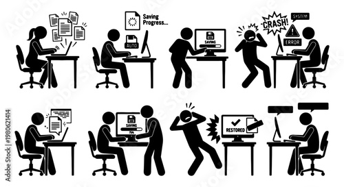 Computer data recovery and system crash stick figure icons, office worker experiencing file loss and software error, 8 vector illustrations