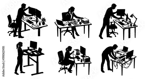 Office workstation silhouettes set, business people working at desks with computers, professional employees in corporate workspace vector illustrations
