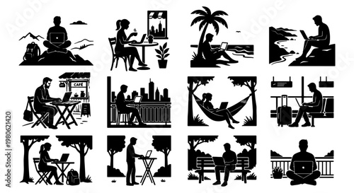 Digital nomad silhouette icons set, remote work and freelance lifestyle illustrations, 12 black and white vector graphics of people working on laptops