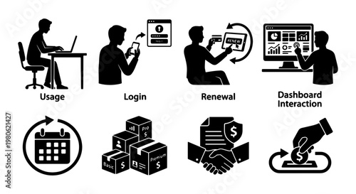 SaaS user journey icons set, software subscription and dashboard interaction vector elements, digital service usage and renewal silhouettes