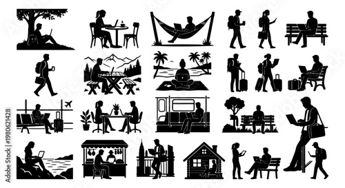 Digital nomad silhouette collection, 20 remote work icons, freelance lifestyle vector set, people working on laptops in diverse locations