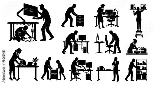 Office maintenance and workplace management silhouettes, professional staff repairing equipment and organizing furniture, business service vector set
