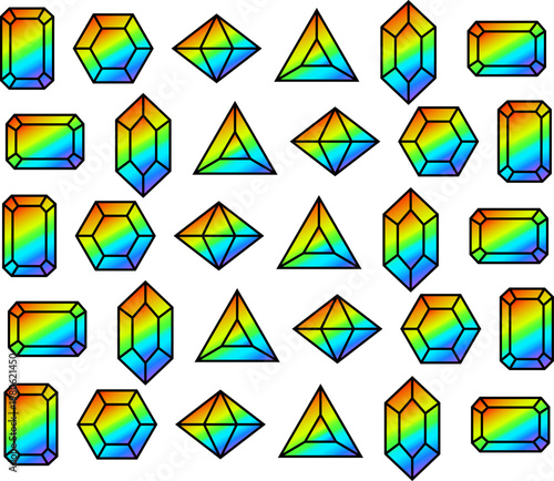 A dazzling vector set featuring a variety of popular gemstone shapes—including brilliant cut, emerald cut, heart, and pear—each filled with a vibrant, full-spectrum rainbow gradient. These cheerful an