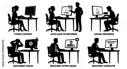 Computer data recovery silhouette set, 6 office worker icons showing document crash and auto-save process, technical support and file backup vector