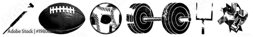 Set of athletic gear including football, baseball, dumbbell, goalposts, and screwdriver, rendered in halftone style with textures.