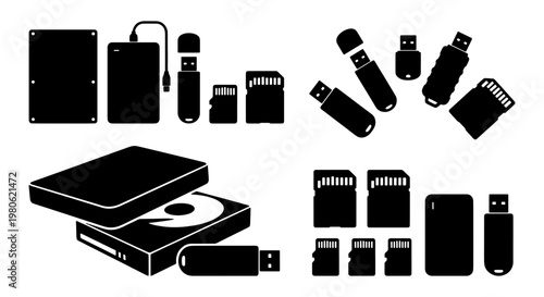 Data storage device icons set, black silhouette vector of hard drive and flash memory, portable USB stick and SD card collection for computing