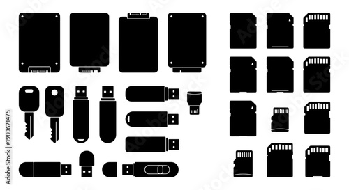 Digital storage device icons set, black silhouette memory cards and USB flash drives, 25 vector elements for computer hardware and data backup