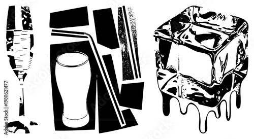 Black and white halftone graphic of drinkware and melting ice, stylized with bold and grainy texture, isolated vector art for beverage branding or menu design.