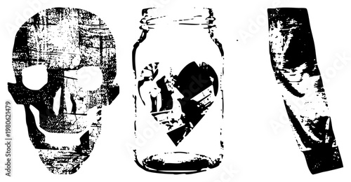 Distressed black and white vector art featuring skull, broken heart inside glass jar, and abstract figure. High contrast halftone textures. Gothic, eerie, symbolic design elements.