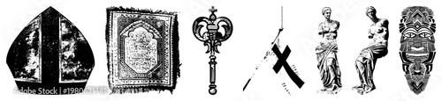 Set of sacred artifacts, including mitre, ornate scepter, rug, crucifix, classical statues, and tribal mask, rendered as isolated vector graphics with halftone texture.