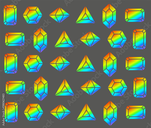 A sophisticated vector set showcasing assorted gemstone shapes filled with vibrant rainbow gradients against a subtle gray field. This understated yet colorful design provides versatile elements suita