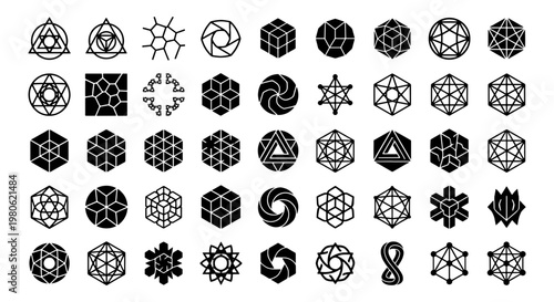 Sacred geometry icons set, 45 abstract geometric symbols and line art shapes, black minimalist alchemy and mystical vector elements for logo design