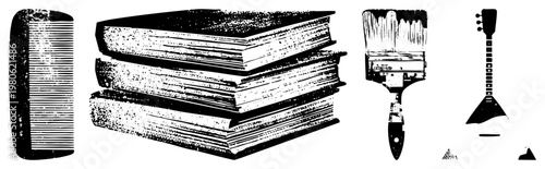 Classic comb, library books, artist brush, Russian string instrument, halftone style, creative tools, educational & artistic.