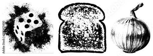 Vector illustration of dice, bread, and onion in halftone style, graphic, food and gaming, isolated elements, stylized textures, black and white design.