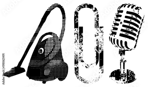 Retro microphone, paperclip, and vacuum cleaner rendered in halftone style, vector, isolated graphic elements, classic office and tools.