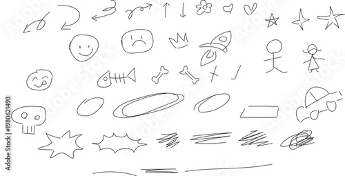  collection of hand-drawn doodle elements, often used as decorative icons in digital design. 