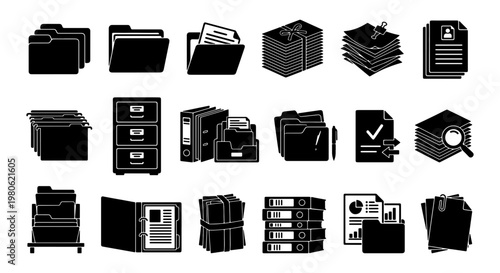 Document management and archive icons set, 18 black vector office folder and filing symbols, business organization and data storage elements