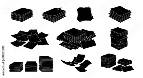 Black paper stack silhouettes, collection of 10 vector document piles and scattered sheets, office paperwork and archive file icons