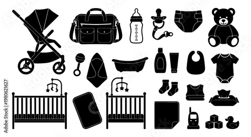Baby care essentials silhouette icons set, newborn nursery equipment collection, black infant accessories and gear vector illustrations