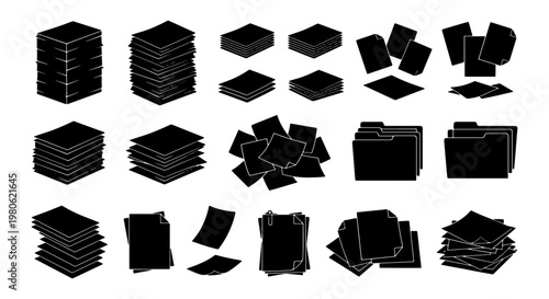 Black paper stack silhouettes, office document folder icons, collection of 15 vector paper piles and scattered sheets for business organization