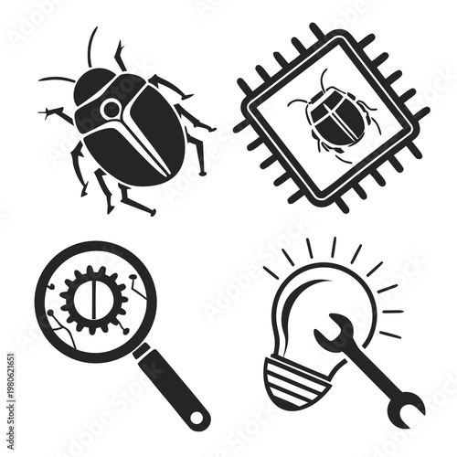 A set of four black and white vector icons representing debugging and problem solving concepts