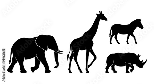 African safari animal silhouettes set, black elephant giraffe zebra and rhino vector icons, wild savanna wildlife collection on white background
