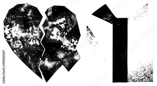 Cracked heart and numeral one, distressed halftone texture, graphic design element, emotional symbol, typography art, vector, isolated foreground.