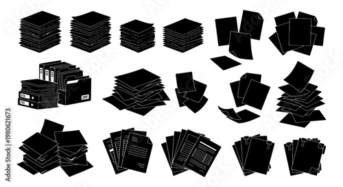 Black paper stack silhouettes, office document piles and folder icons, collection of 16 vector elements for business administration and paperwork