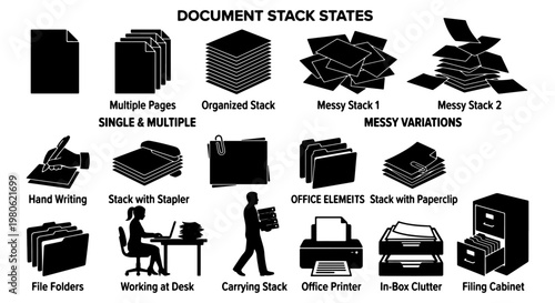Document stack states and office elements icon set, black silhouette paper piles and messy variations, organized filing and business workflow vector