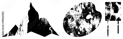 High contrast black and white graphic elements with distressed textures, organic shapes, and geometric fragments, ideal for modern design projects.