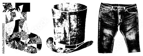 Classic top hat with ribbon band, denim shorts with belt loops, halftone vector illustration, fashion apparel, retro graphic design.