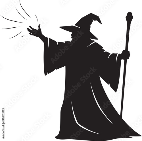 Black silhouette of a wizard casting a spell with a staff
