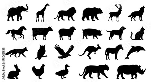 Photography Black animal silhouettes collection, set of 23 wild and domestic animal icons, m