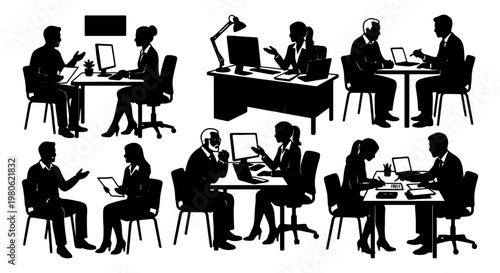 Business office silhouettes set, professional workers at desks with computers, corporate meeting and job interview silhouettes, black and white vector icons