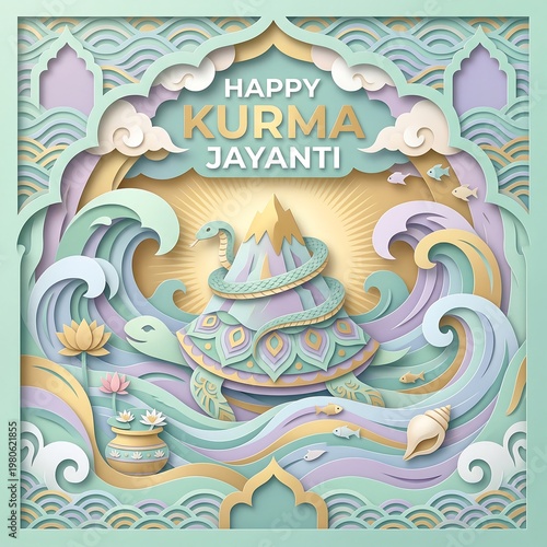 Colorful kurma jayanti celebration with layered paper art and waves