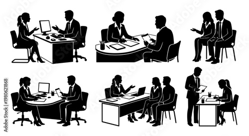 Professional business meeting silhouettes, corporate office interview and consultation set, black and white vector people working at desks