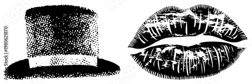 Classic top hat with band, stylized lips with texture, halftone, graphic design, vector, fashion, retro illustration.