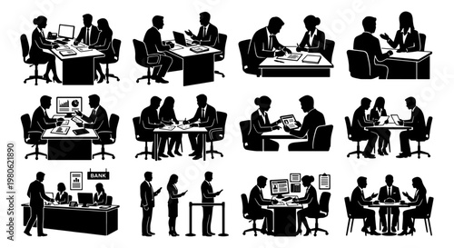 Professional business meeting silhouettes, set of 12 office consultation vector icons, corporate bank teller and client interaction graphics