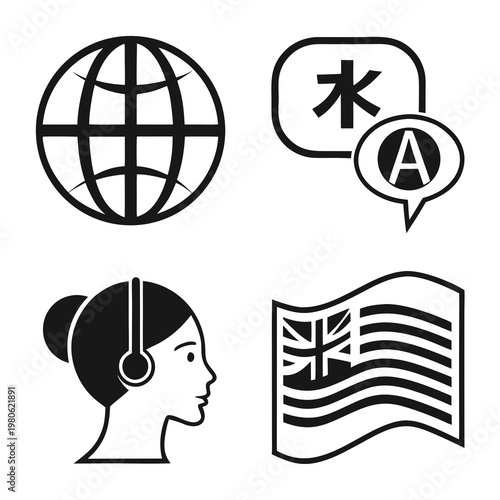 A set of four black and white vector icons representing global communication and translation