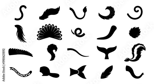 Animal tail silhouettes collection, 20 black vector icons of mammal and reptile tails, wildlife anatomy shapes for character design and logos